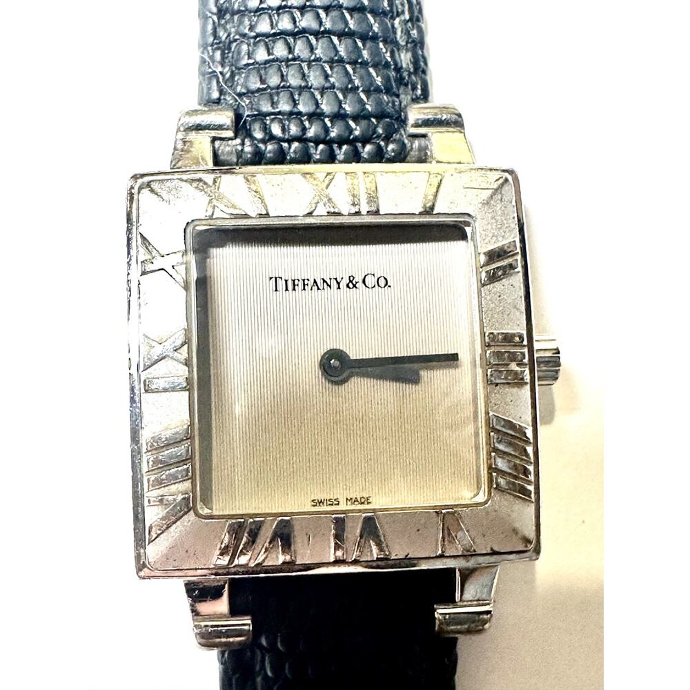 Tiffany Atlas Sterling Silver Ladies Watch Roman Numerals Lizard Strap Very Good